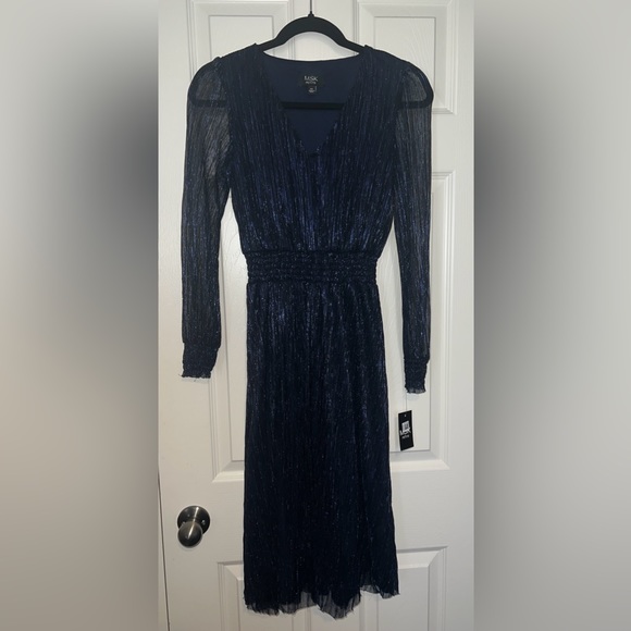 💙 NWT! Navy Shimmery Lurex Smocked Midi Dress - Picture 2 of 7